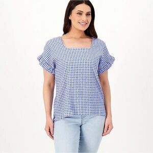 Girl With Curves Gingham Flutter Sleeve Blouse Blue White Small‎